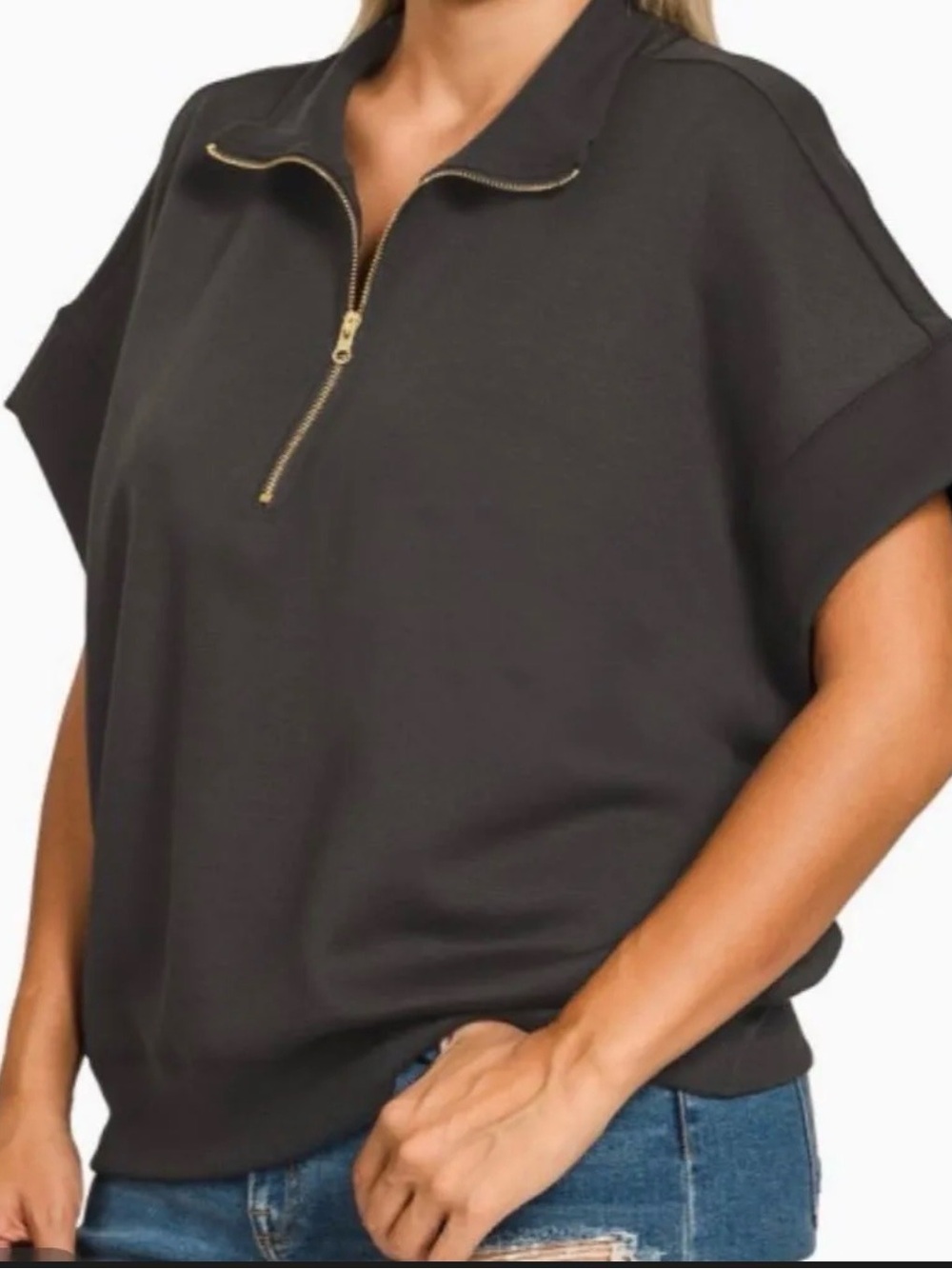 Zenana Outfitters Black Short-Sleeve Half-Zip Top with Gold Zipper